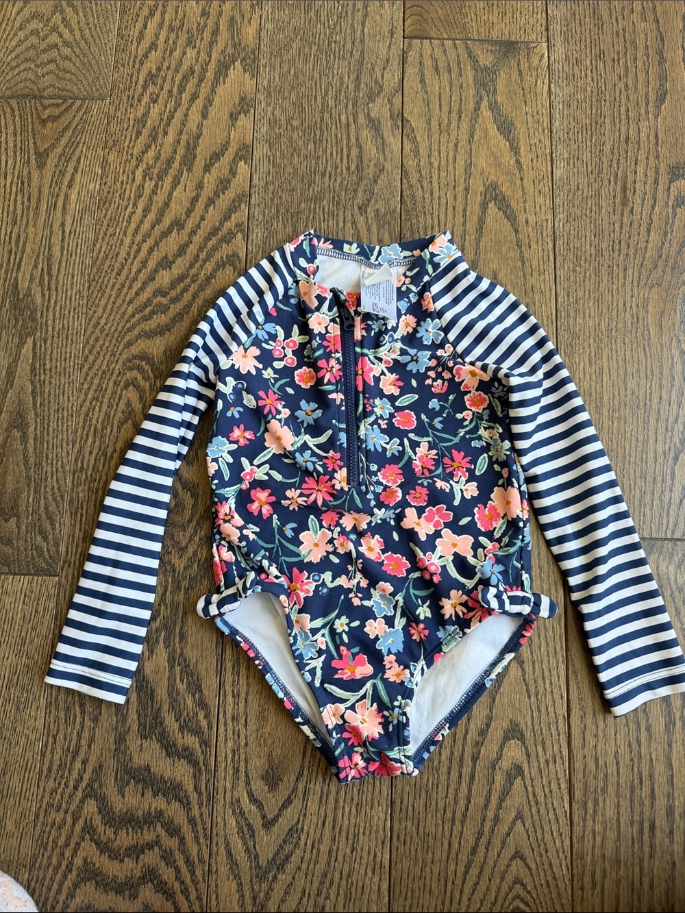 OshKosh B'gosh Navy Floral Long-Sleeve One-Piece Swimsuit with Striped Sleeves 2